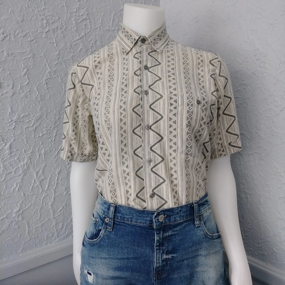 Vintage Short Sleeve Button Up Shirt by Ridgewood - lines and zig zag pattern